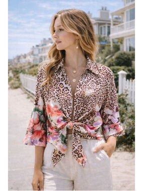 Boho Leopard Floral Tie Front Blouse Mixed Print Statement Top L